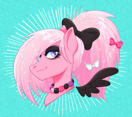 a bust drawing of a smirking pink pegasus with a glittery pale pink mane. they are dressed in scene-kid fashion, and their mane covers one eye and is put up in a large ponytail.